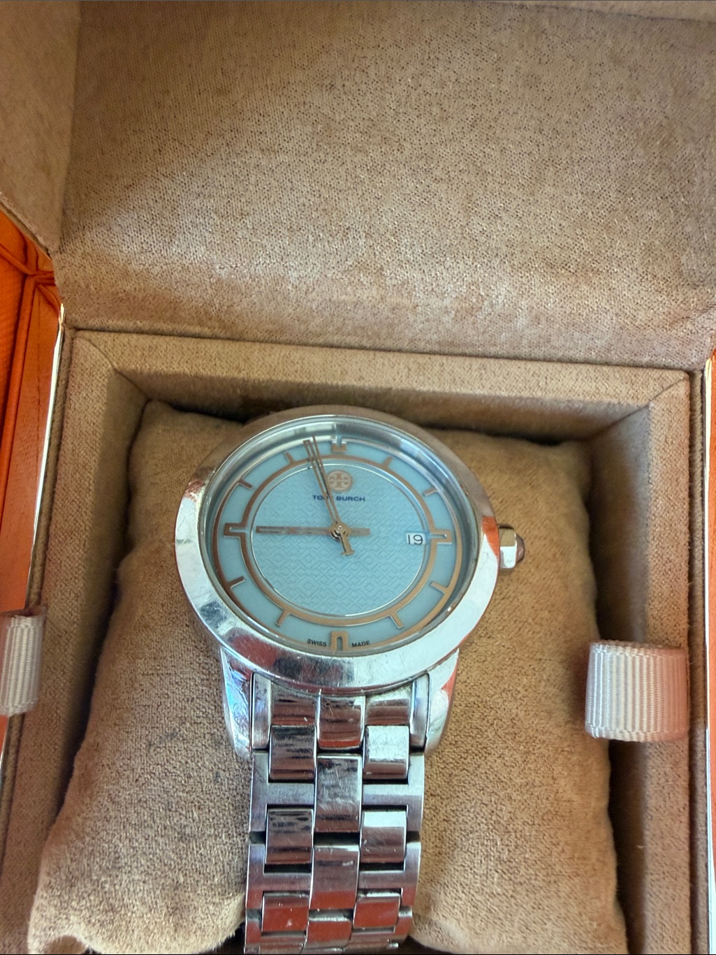Tory Burch Silver Watch With Light Blue Dial And Gold Accents